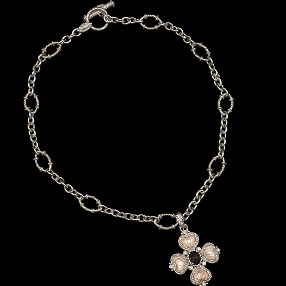 Judith Ripka 925 SS Pink Quartz Smokey Quartz CZ Maltese Cross Pendant/ Necklace - Picture 3 of 10